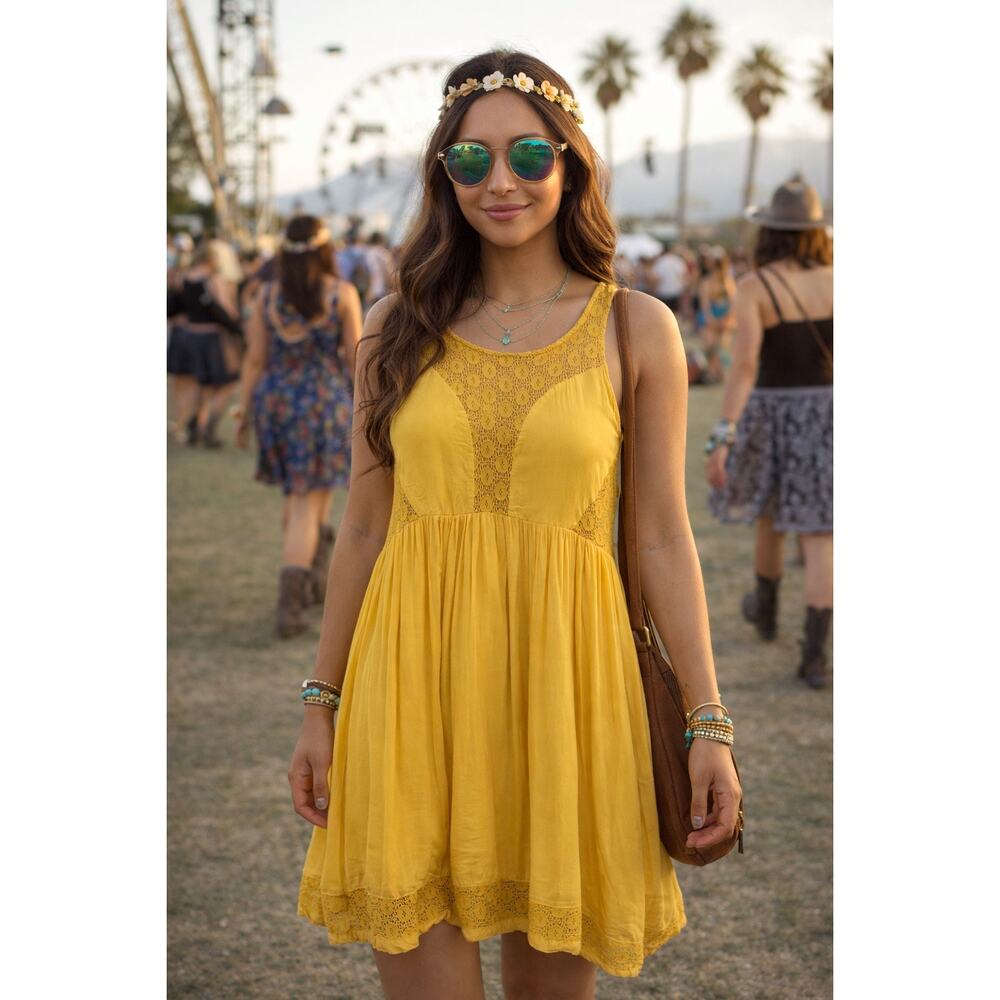 Anthropologie Lilka Crochet Lace Mustard Yellow Fairy Twee Dress Size Medium